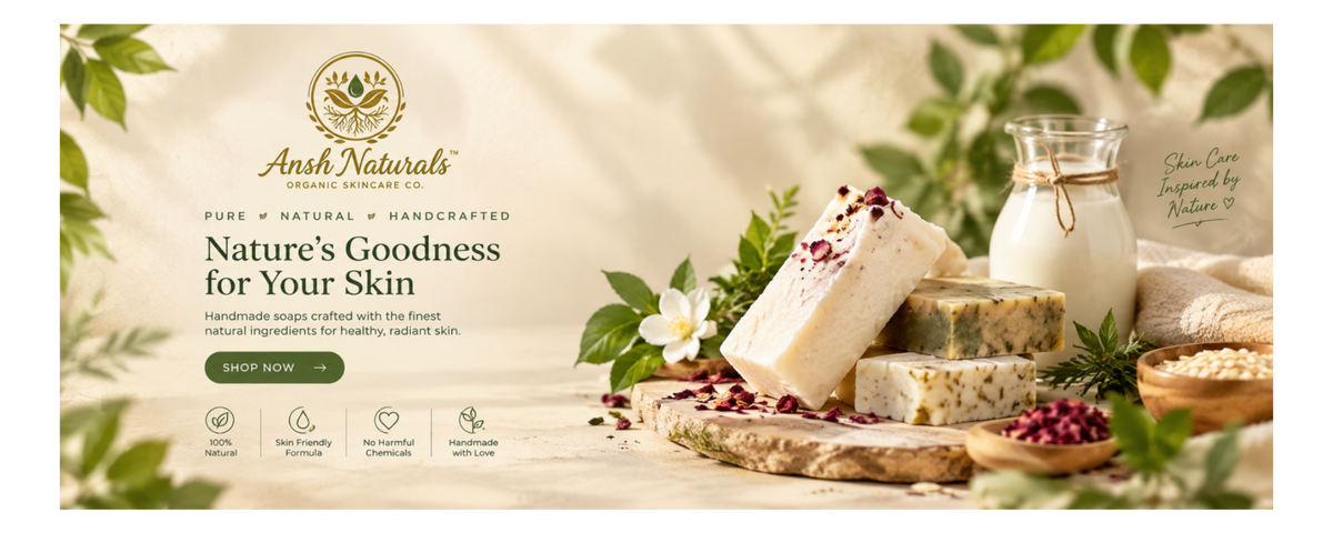 A promotional banner for Aash Naturals skincare, featuring text reading 'Nature's Goodness for Your Skin' alongside styled ingredients including sliced natural soap bars, a glass jar of milk, and green leaves on a warm beige background.